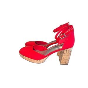 Worthington Womens 7.5 red Panama Block Heel Pumps ankle strap new casual